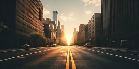 Dawn in the City: Straight Endless Road in Early Morning New York. Generative ai - obrazy, fototapety, plakaty