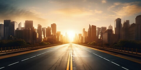 Dawn in the City: Straight Endless Road in Early Morning New York. Generative ai