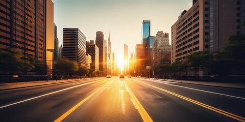 Obraz premium Dawn in the City: Straight Endless Road in Early Morning New York. Generative ai