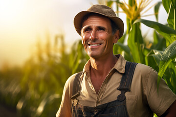 Smiling farmer man in a field. Agriculture. Cornfield. - obrazy, fototapety, plakaty