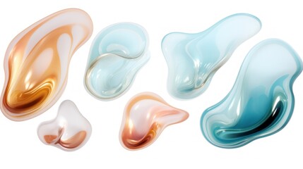 set of Teal and Rose Gold color liquid 3d shapes, floating paint drops with gradient.