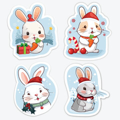 Cute Christmas Bunny Stickers Set Vector Illustration