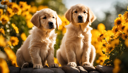 Two adorable golden retriever puppies sit gazing upwards on a stone wall, their tails wrapped around each other, on a sunny day surrounded by flowers.