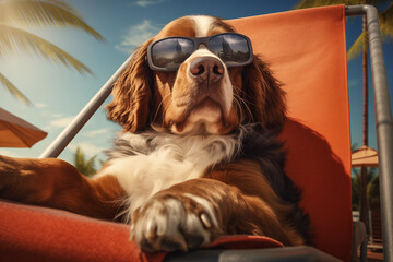 dog in sunglasses sunbathing lying on a sun lounger by the pool, summer vacation