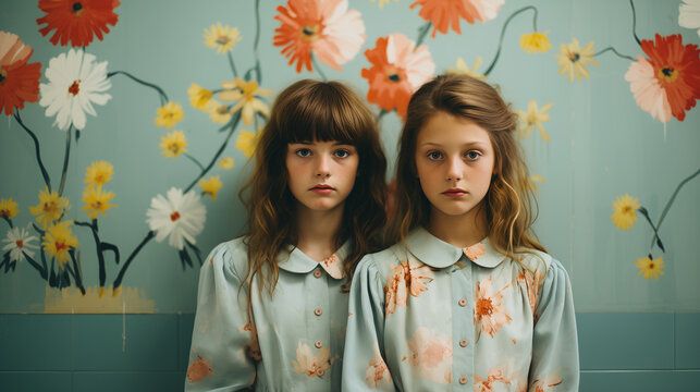 Portrait of a Two serious twins sisters looking at camera, Famity concept. Teen problems concept. Orphans conceept. Blue room background with painting flowers.