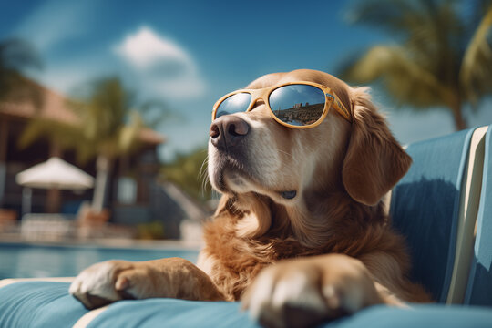 dog in sunglasses sunbathing lying on a sun lounger by the pool, summer vacation