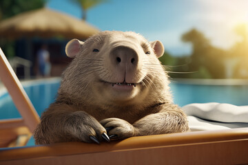 Wombat sunbathing lying on a sun lounger by the pool, summer vacation