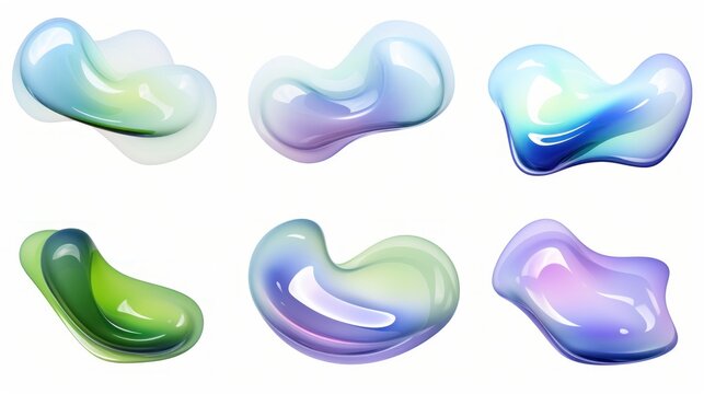 set of Lavender and Olive Green color liquid 3d shapes, floating paint drops with gradient.