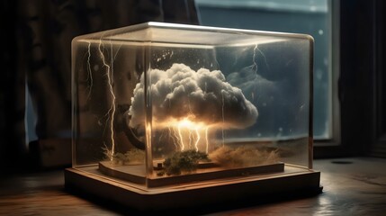 A glass box filled with clouds. Terrarium with various magical clouds.