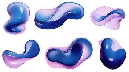 set of Mauve and Navy Blue color liquid 3d shapes, floating paint drops with gradient.