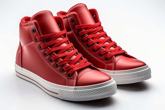 vibrant red high-top sneakers with intricate lacing, on an isolated white background, Generative AI