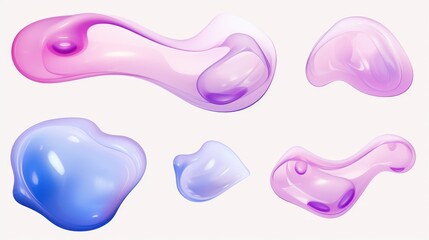 set of purple and pink color liquid 3d shapes, floating paint drops with gradient.
