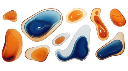 set of Rust Orange and Navy Blue color liquid 3d shapes, floating paint drops with gradient.