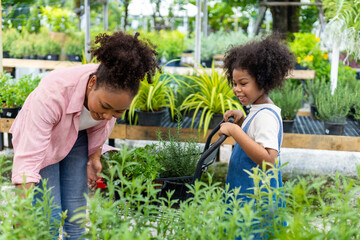 African mother and daughter is choosing vegetable and herb plant from the local garden center...