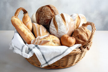 variety of bread in a basket on marble table in background of restaurant or bakery. Breakfast concept of light food and habit. - obrazy, fototapety, plakaty