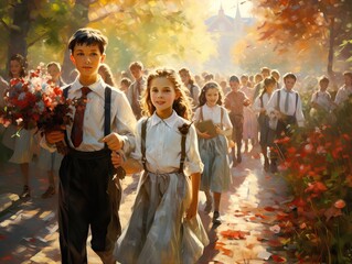 Illustration in vintage style, era of the 50s of the 20th century. A group of school-age children on a sunny spring street. Boys and girls