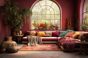 Living room with a large corner sofa and many colorful pillows. Bright interior in oriental style
