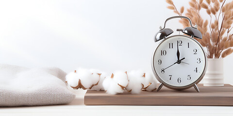 Fototapeta na wymiar Day Light Saving Time Image Closeup retro white alarm. morning alert white alarm clock on the wooden table and near by cotton and wheat on the glass and white background Ai Generative