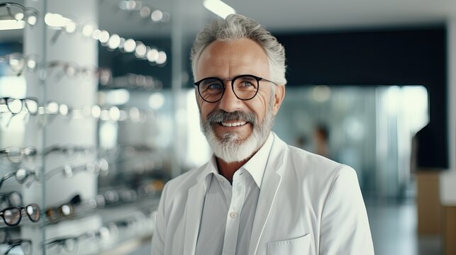 Mature man with glasses and gray hair, a beard and mustache is an ophthalmologist consultant in an optical salon