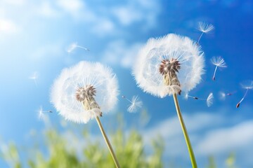White heads of dandelions, from which umbrellas of dandelion seeds fly away against the background of a bright blue sky