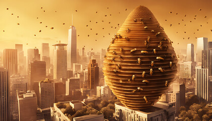 A massive honeycomb-structured bee hive sits amid an urban cityscape, buzzing with bees flying in all directions to and from the golden structure as they go about their work. - obrazy, fototapety, plakaty