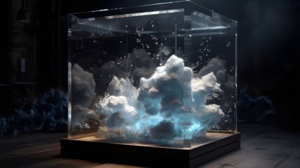 A glass box with clouds inside of it. Terrarium with various magical clouds.