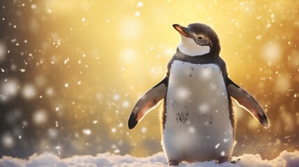 Happy penguin rejoices in first snow. - obrazy, fototapety, plakaty
