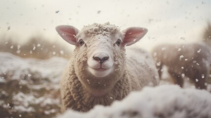 Happy sheep rejoices in first snow.