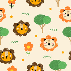 Seamless pattern with cute little lion, tree and flowers for your fabric, children textile, apparel, nursery decoration, gift wrap paper, kids bedding, baby's shirt. Vector illustration