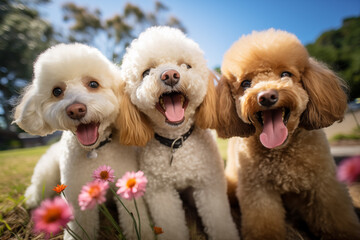 A group of playful smiling poodles - obrazy, fototapety, plakaty