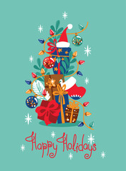 Christmas tree made from gift boxes. Greting card. Vector.