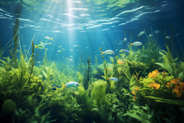 Obraz premium Swamp underwater scene with plant and fishes