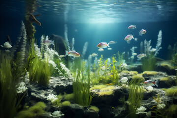 Fototapeta premium Swamp underwater scene with plant and fishes