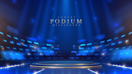 Empty podium golden on blue background with light neon effects with bokeh decorations. Luxury scene design concept. Vector illustrations.