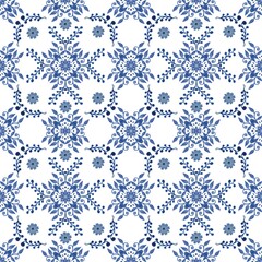 Blue seamless watercolor pattern decorated with colorful flower, leaf and fruit shapes, hand drawn artwork. creative design