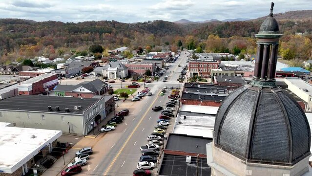 aerial pullout over cherokee county courthouse in murphy nc, north carolina