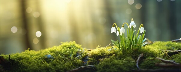 A snowdrop flower on a sunlit forest floor.