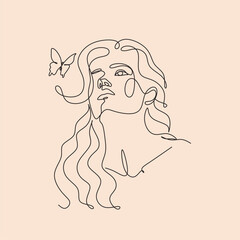 Woman head vector lineart illustration. One Line style drawing. Woman Line Art Minimalist Logo.