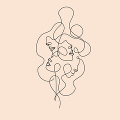 Women vector illustraton drawn in line art style. International Womens Day. One line womans portrait. Women different nationalities. Feminism concept. Girl power line art