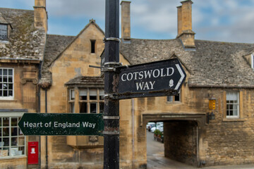 Close up of the signage in the middle of Chipping Campden, UK indicating the Heart of England Way...