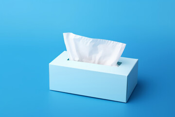 Light blue packaging with white wipes isolated on blue empty background with space for text.generative ai