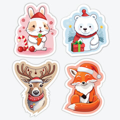 Cute Christmas Animal Stickers Set Winter Animals Vector Illustration