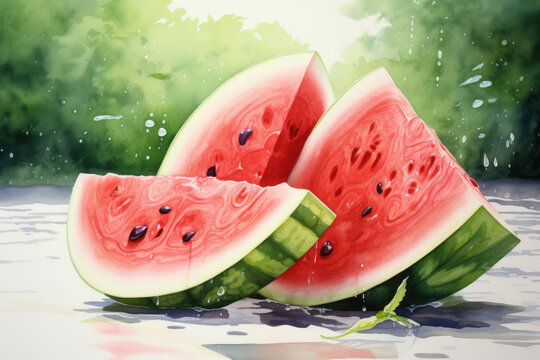 Watercolor illustration of a watermelon slice isolated on white background. AI generative