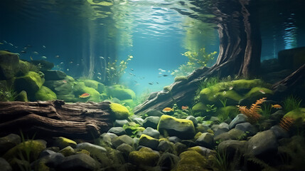 Fototapeta premium Swamp underwater scene with plant and fishes