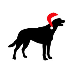 Tiempo de Navidad. Logo pet friendly. Silueta de perro de pie con sombrero de Santa Claus en espacio negativo para su uso en tarjetas y felicitaciones	