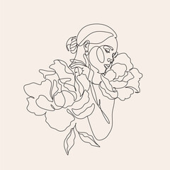 Peony flowers isolated vector illustration. Vector wildflowers for background. Abstract botanical art. Simple minimalist art set. Continuous line drawing.