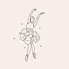 Continuous drawing in one line. Happy woman stretching. Vector illustration. Dancer dancing contemporary dance. Minimalist Wellness Feminine Illustration Elegant Logo