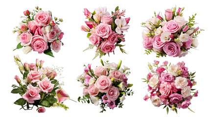 Collection of PNG. Pink rose and eustoma flowers isolated on a transparent background.
