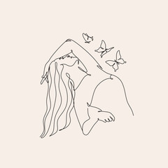 Abstract face with butterfly by one line drawing. Butterfly Line Art. Portrait minimalistic style.  Botanical print. Nature symbol of cosmetics. 
Fashion print. Beaty salon art