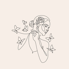 Abstract face with butterfly by one line drawing. Butterfly Line Art. Portrait minimalistic style.  Botanical print. Nature symbol of cosmetics. 
Fashion print. Beaty salon art